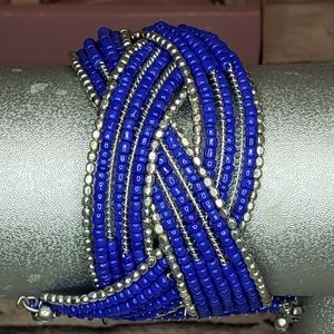 Vintage blue and silver glass bead cuff bracelet